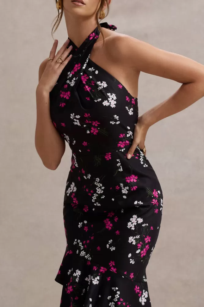 Club L London Melodia - Abito Lungo in Raso Nero con Stampa Floreale Elegante, Scollatura a Fascia e Balze Romantiche - Offerta Imperdibile!