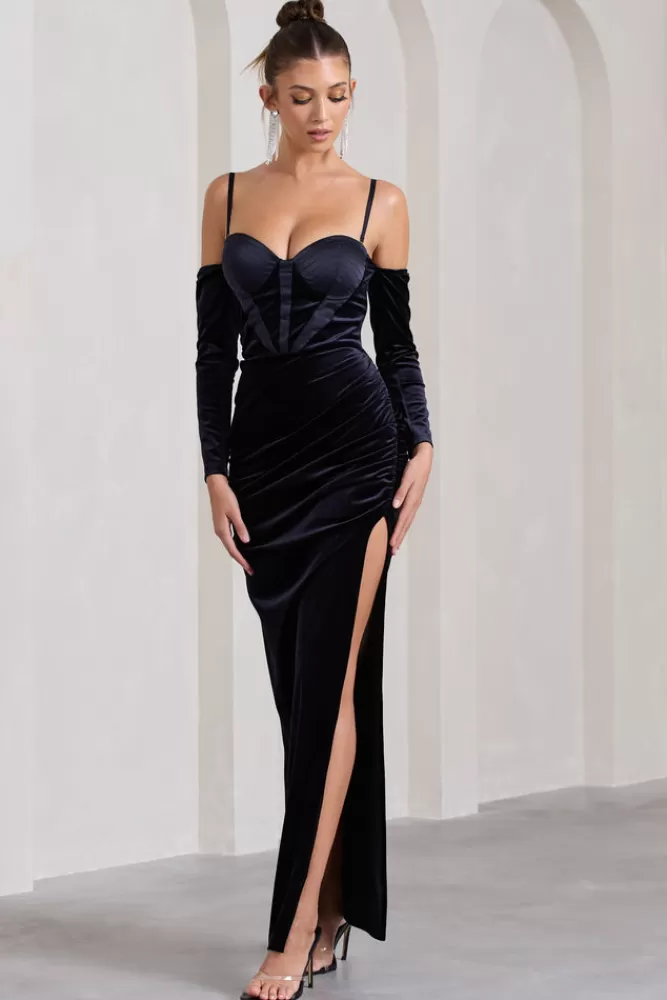 Club L London: Vestito Lungo Meribel in Velluto e Raso con Corpetto e Maniche Lunghe - Abito Serale Blu Navy Elegante