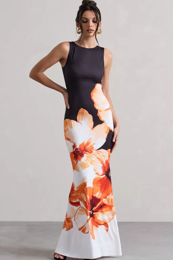 Club L London Micah | Abito Midi in Seta con Stampa Floreale Arancione e Nero - Scollo a V e Design Adrenalinico | Edizione Limitata in Promozione