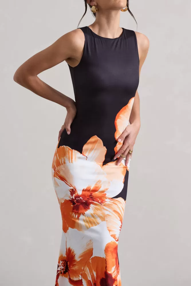 Club L London Micah | Abito Midi in Seta con Stampa Floreale Arancione e Nero - Scollo a V e Design Adrenalinico | Edizione Limitata in Promozione