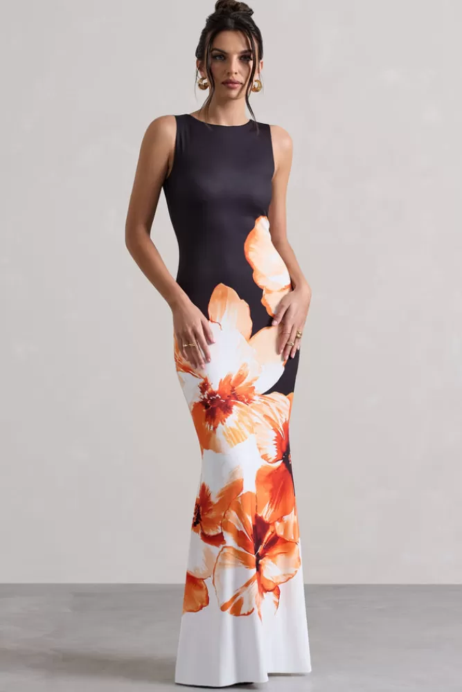 Club L London Micah | Abito Midi in Seta con Stampa Floreale Arancione e Nero - Scollo a V e Design Adrenalinico | Edizione Limitata in Promozione