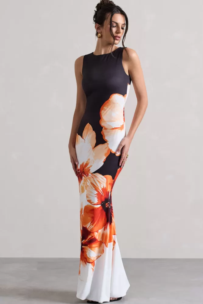 Club L London Micah | Abito Midi in Seta con Stampa Floreale Arancione e Nero - Scollo a V e Design Adrenalinico | Edizione Limitata in Promozione