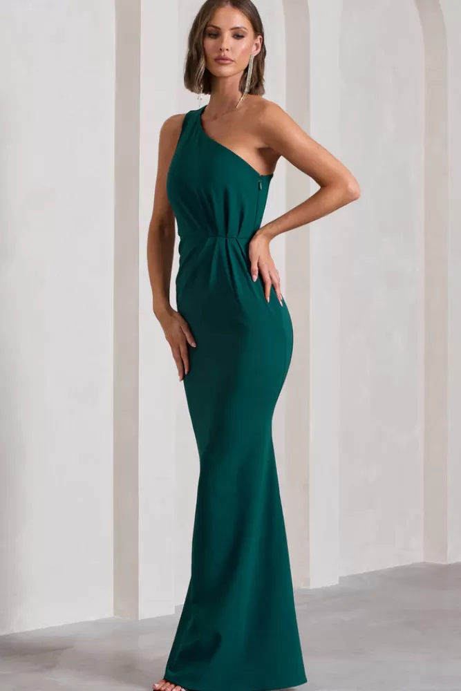 Vestito Lungo Elegante con Drappeggio Asimmetrico - Verde Bottiglia Scollato | Abito da Sera Club L Michelle - Promozione Lampo Edizione Limitata