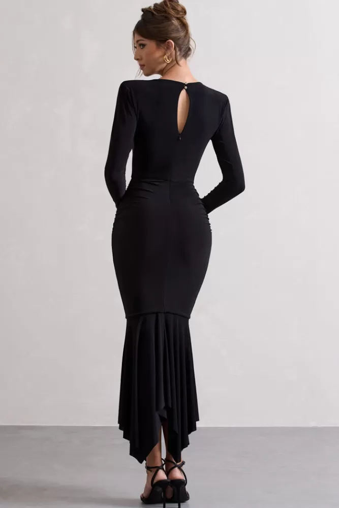 Milena by Club L London - Abito Longuissimo Scollo Profondo con Drappeggio Asimmetrico Nero Elegante