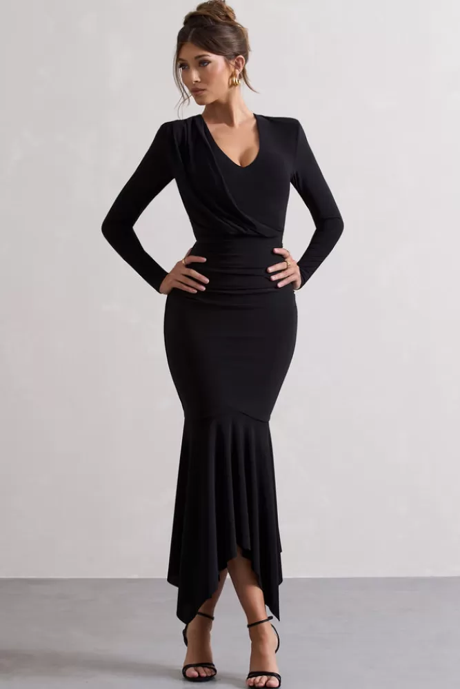 Milena by Club L London - Abito Longuissimo Scollo Profondo con Drappeggio Asimmetrico Nero Elegante