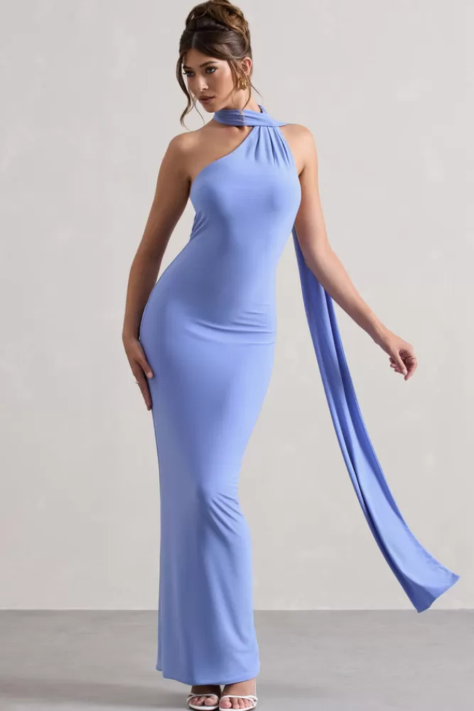 Abito Lungo Spalla Scoperta in Tonalità Celeste con Décolleté Posteriore e Foulard Coordinato - Edizione Speciale Blu Litorale by Club L London Miss 

N.B. Ho mantenuto elementi chiave (marca, caratteristiche, colore) riorganizzandoli con costruzioni linguistiche più naturali in italiano, utilizzando sinonimi (
