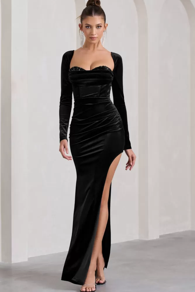 Abito Lunare in Velluto Club L London - Vestito Lungo con Spacco e Busto Rinforzato - Maniche Lunghe Nero Notte - Tocco Glamour per Serate Indimenticabili