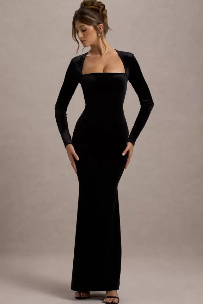 Abito Elegante in Velluto con Scollatura Quadrata e Maniche Lunghe - Nero | Club L London Morana in Offerta
