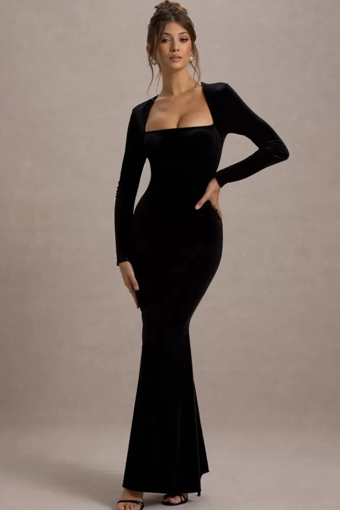 Abito Elegante in Velluto con Scollatura Quadrata e Maniche Lunghe - Nero | Club L London Morana in Offerta