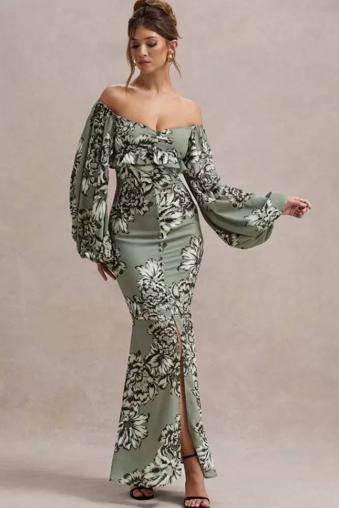 Club L London Murcia - Abito lungo estivo in chiffon con fantasia floreale e maniche a sbuffo, bottoni decorativi - Disponibile in oliva, promozione speciale