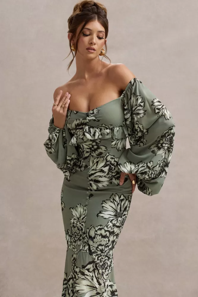 Club L London Murcia - Abito lungo estivo in chiffon con fantasia floreale e maniche a sbuffo, bottoni decorativi - Disponibile in oliva, promozione speciale