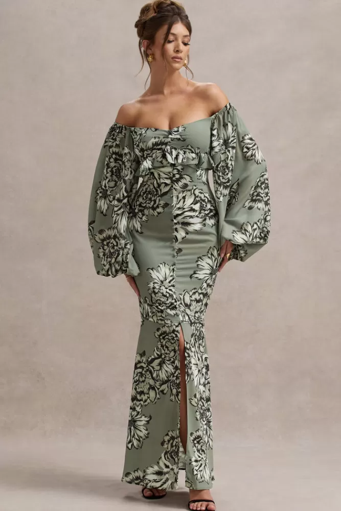 Club L London Murcia - Abito lungo estivo in chiffon con fantasia floreale e maniche a sbuffo, bottoni decorativi - Disponibile in oliva, promozione speciale