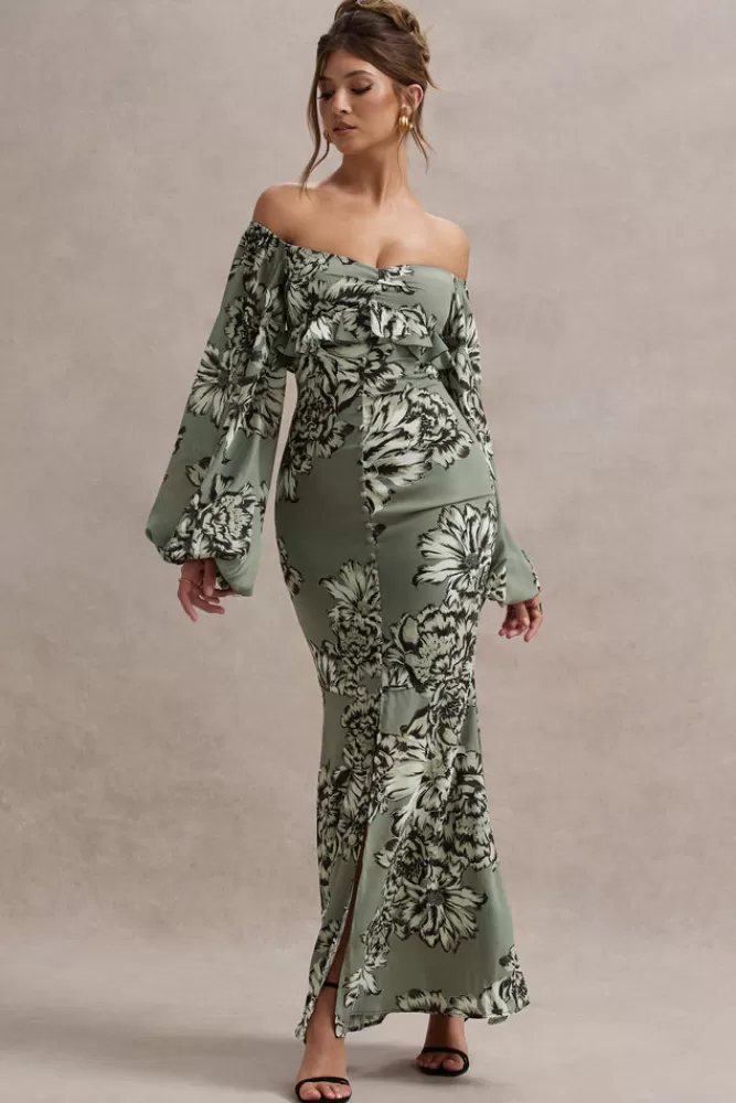 Club L London Murcia - Abito lungo estivo in chiffon con fantasia floreale e maniche a sbuffo, bottoni decorativi - Disponibile in oliva, promozione speciale