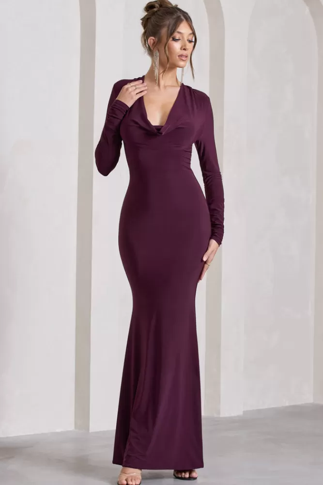 Club L London | Abito Longuette con Scollo a Balze e Maniche Lunghe - Vestito Elegante in Prugna, Stile Unico a Prezzo Speciale