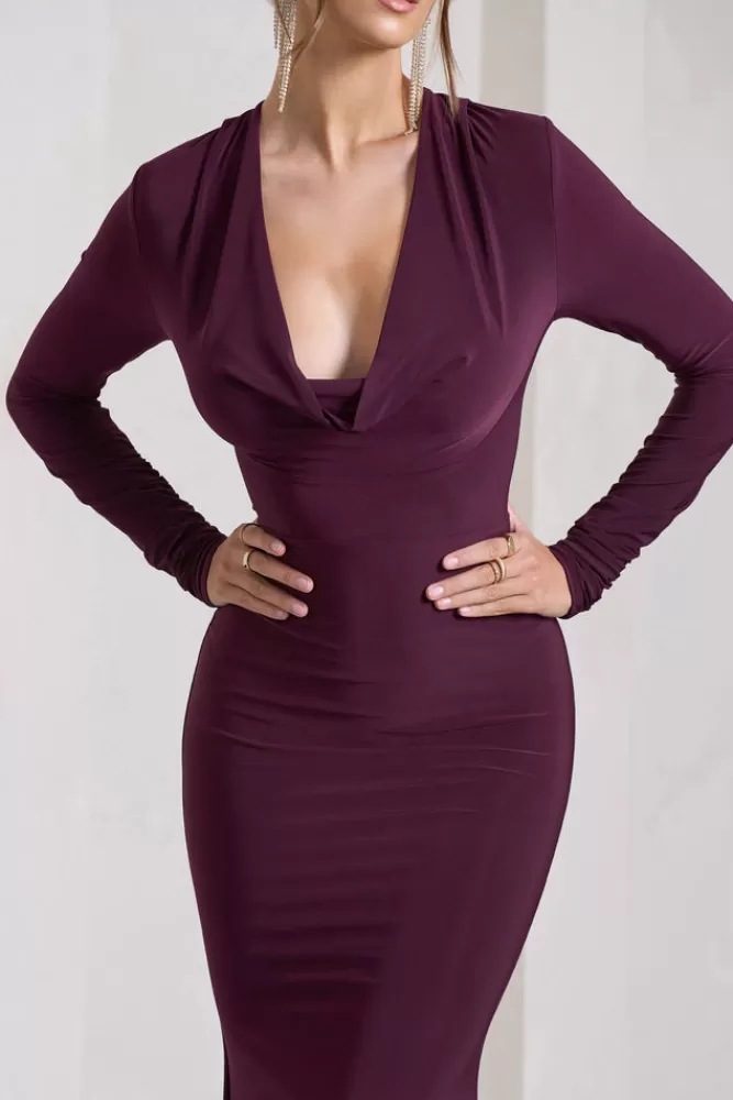 Club L London | Abito Longuette con Scollo a Balze e Maniche Lunghe - Vestito Elegante in Prugna, Stile Unico a Prezzo Speciale