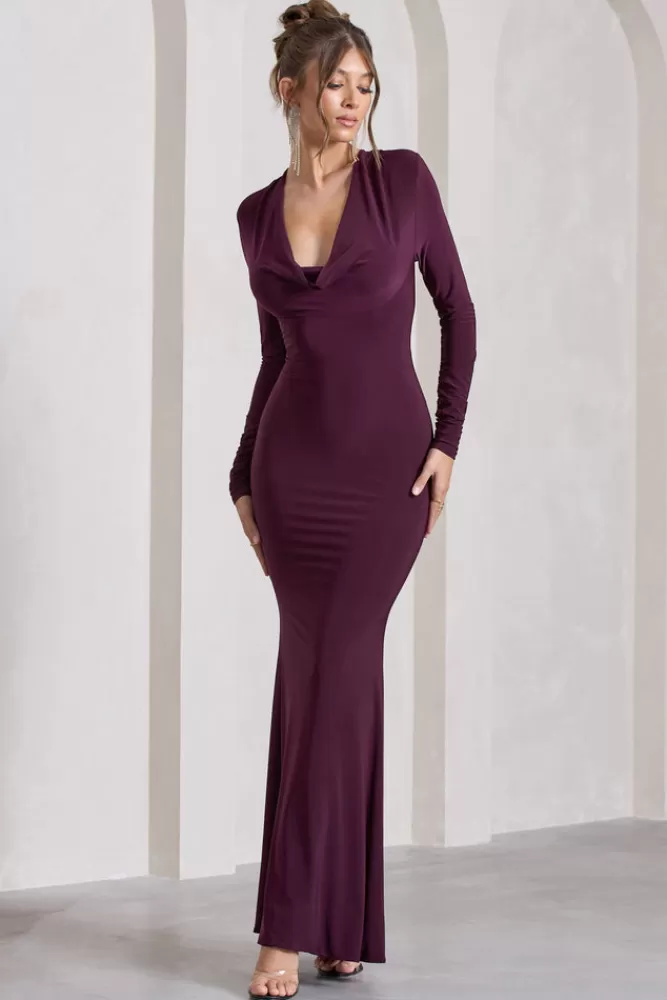 Club L London | Abito Longuette con Scollo a Balze e Maniche Lunghe - Vestito Elegante in Prugna, Stile Unico a Prezzo Speciale