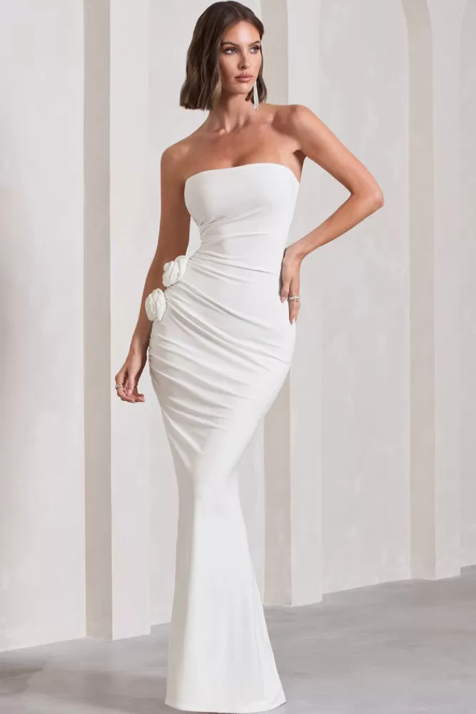 Abito Longuissimo con Ricami Floreali e Spacco - Top Bandeau Plissettato Bianco | Promozione Lampo Club L London My Muse