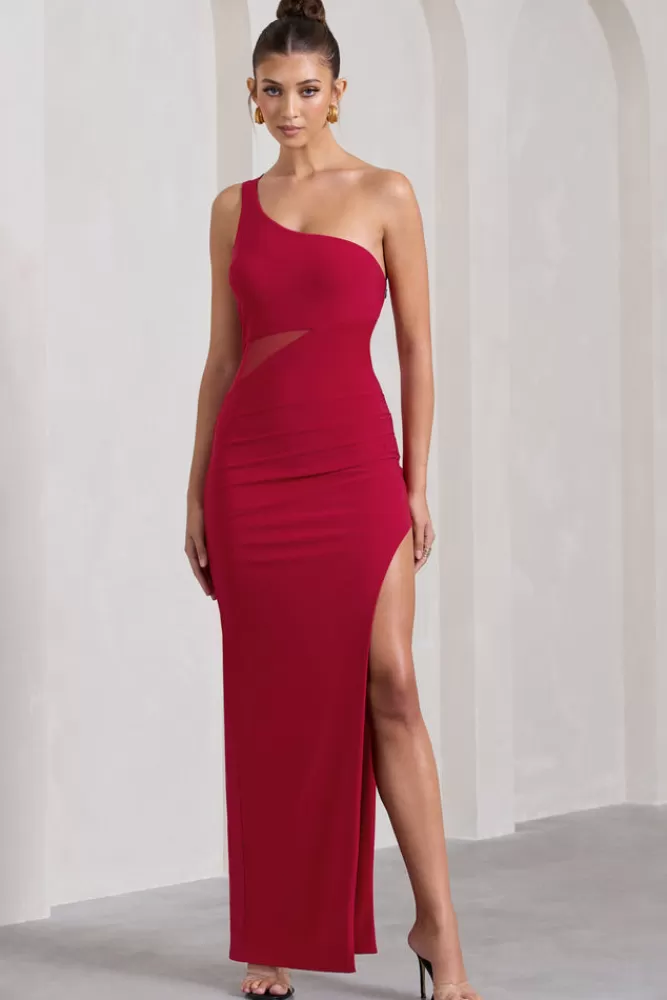 Abito da Sera Club London - Monospalla Senza Maniche con Tagli Asimmetrici e Spacco Laterale in Rosso Passione - Offerta Imperdibile