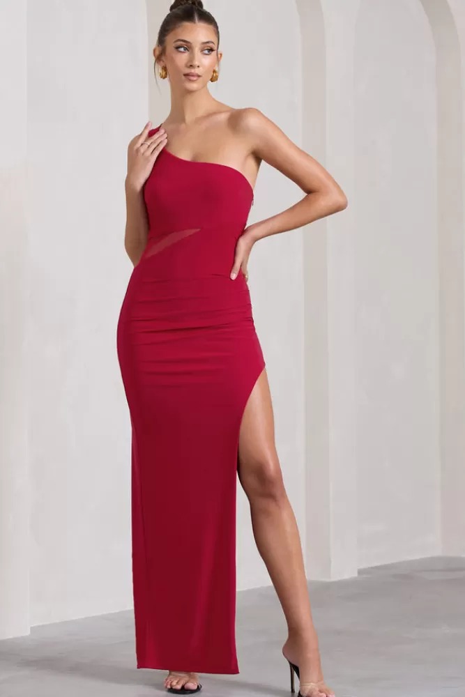 Abito da Sera Club London - Monospalla Senza Maniche con Tagli Asimmetrici e Spacco Laterale in Rosso Passione - Offerta Imperdibile