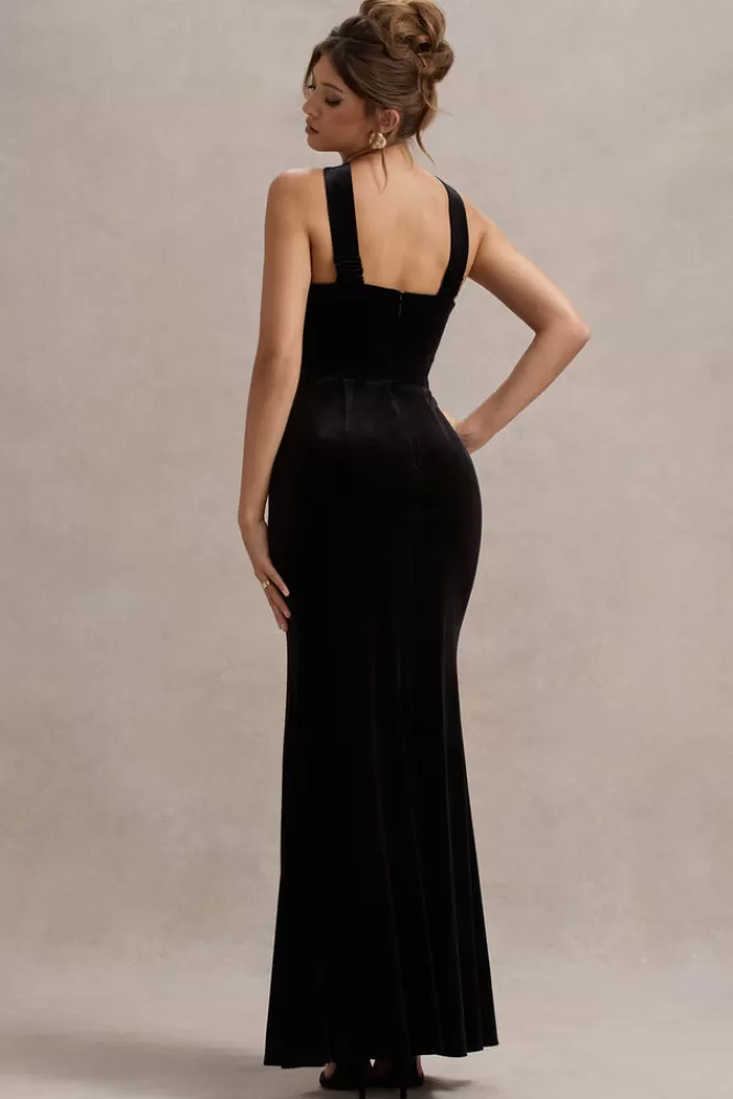 Abito Longuette in Velluto con Scollo Profondo e Spacco - Dettaglio Fiocco Laterale, Nero Elegante | Club L London Mistero - Saldi Esclusivi