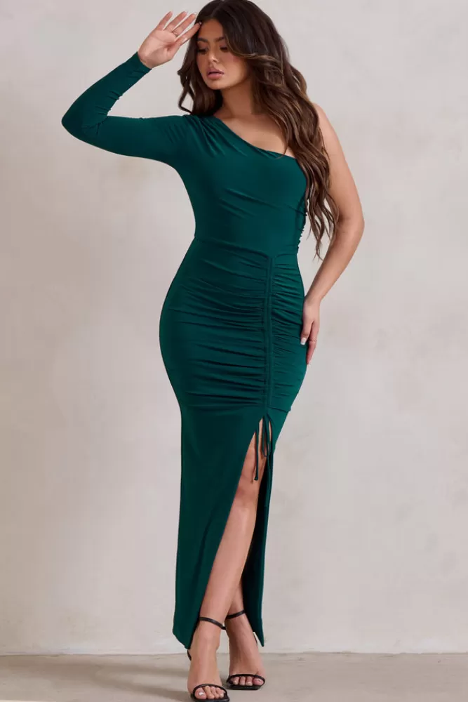 Club L London | Abito Lungo Verde Bosco con Spacco Laterale e Spalla Singola - Modello Incantato In Offerta