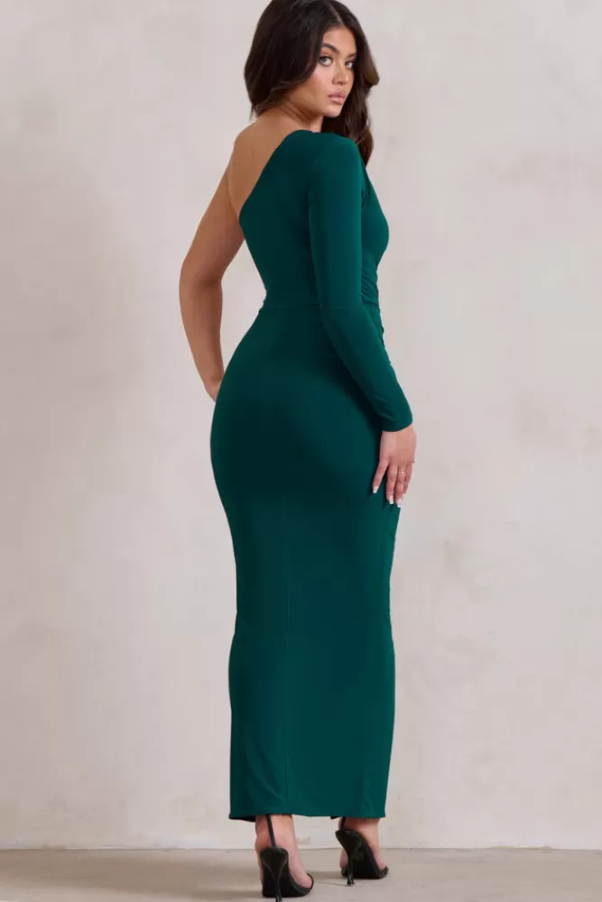 Club L London | Abito Lungo Verde Bosco con Spacco Laterale e Spalla Singola - Modello Incantato In Offerta