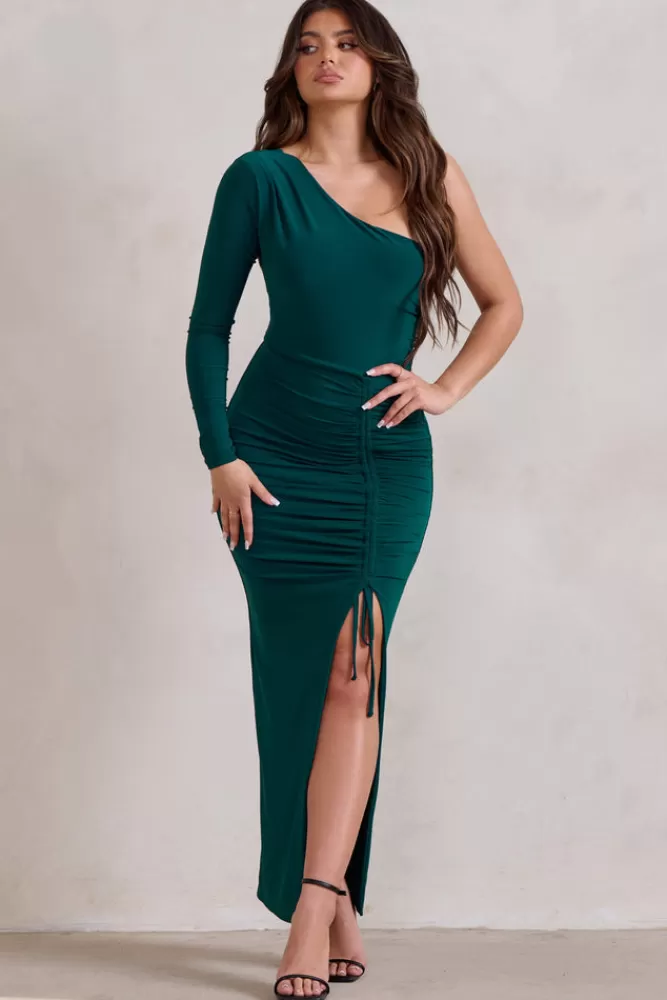 Club L London | Abito Lungo Verde Bosco con Spacco Laterale e Spalla Singola - Modello Incantato In Offerta