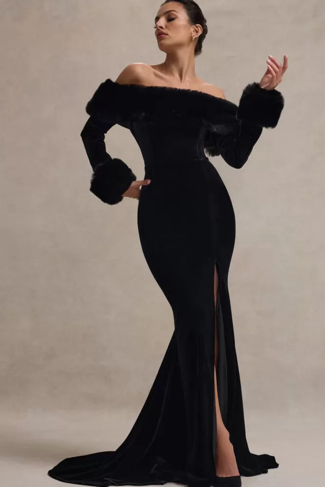 Club L London - Vestito Elegante Mystique con Spacco alla Bardot e Bordi in Pelliccia | Nero Sfumato in Offerta Stagionale