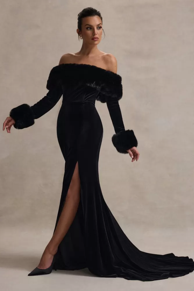 Club L London - Vestito Elegante Mystique con Spacco alla Bardot e Bordi in Pelliccia | Nero Sfumato in Offerta Stagionale