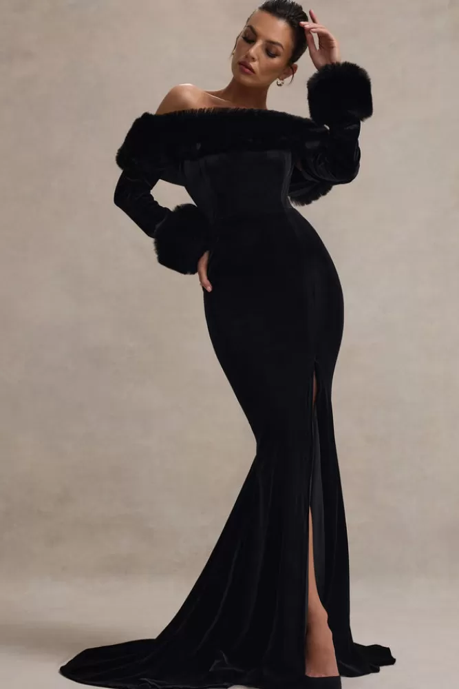 Club L London - Vestito Elegante Mystique con Spacco alla Bardot e Bordi in Pelliccia | Nero Sfumato in Offerta Stagionale