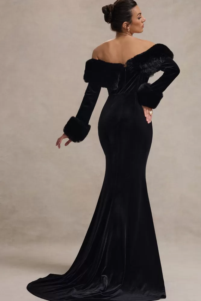 Club L London - Vestito Elegante Mystique con Spacco alla Bardot e Bordi in Pelliccia | Nero Sfumato in Offerta Stagionale