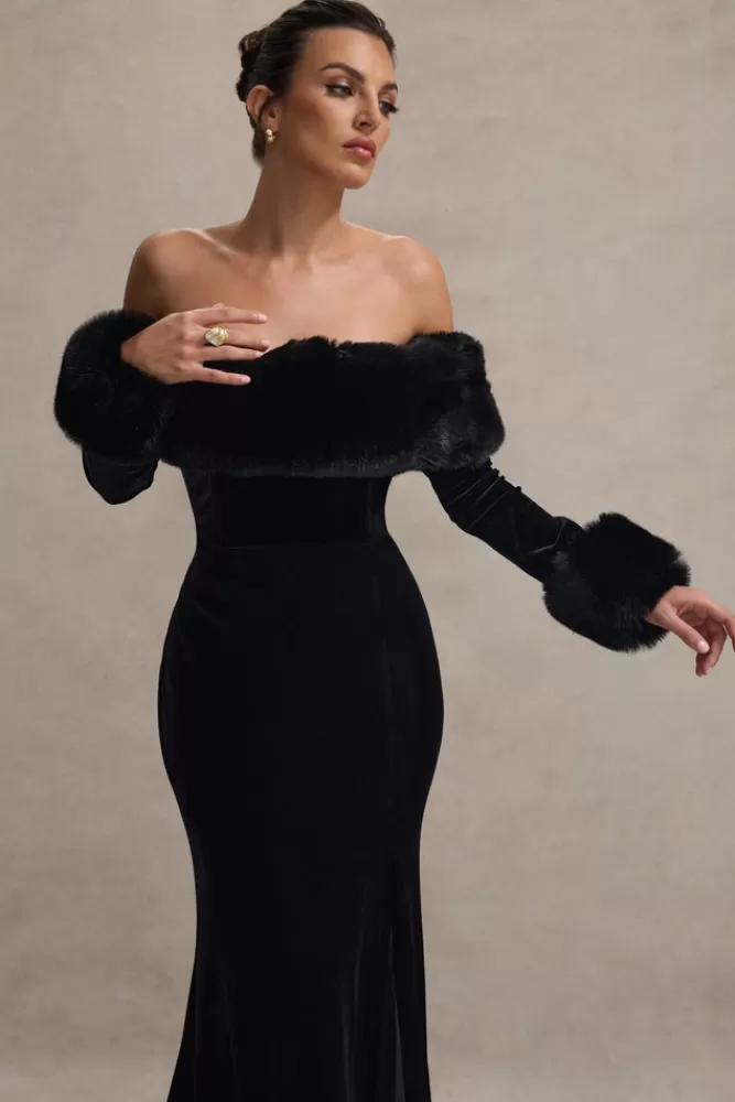 Club L London - Vestito Elegante Mystique con Spacco alla Bardot e Bordi in Pelliccia | Nero Sfumato in Offerta Stagionale