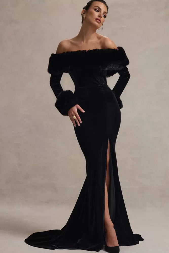 Club L London - Vestito Elegante Mystique con Spacco alla Bardot e Bordi in Pelliccia | Nero Sfumato in Offerta Stagionale