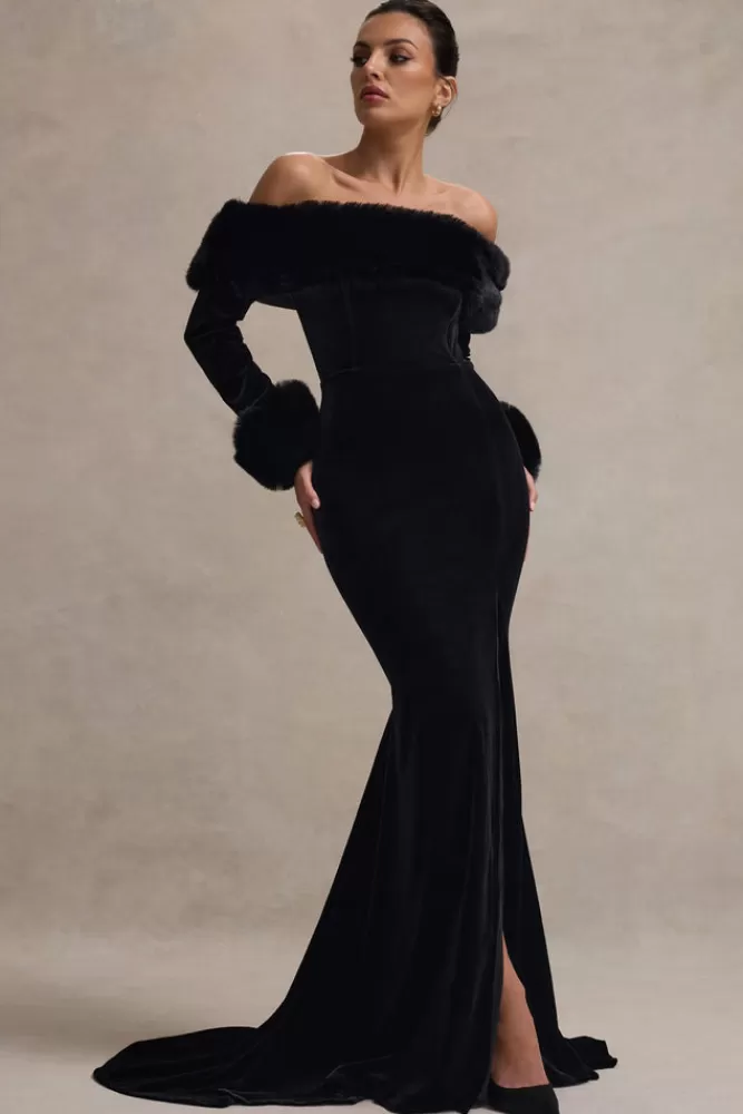 Club L London - Vestito Elegante Mystique con Spacco alla Bardot e Bordi in Pelliccia | Nero Sfumato in Offerta Stagionale
