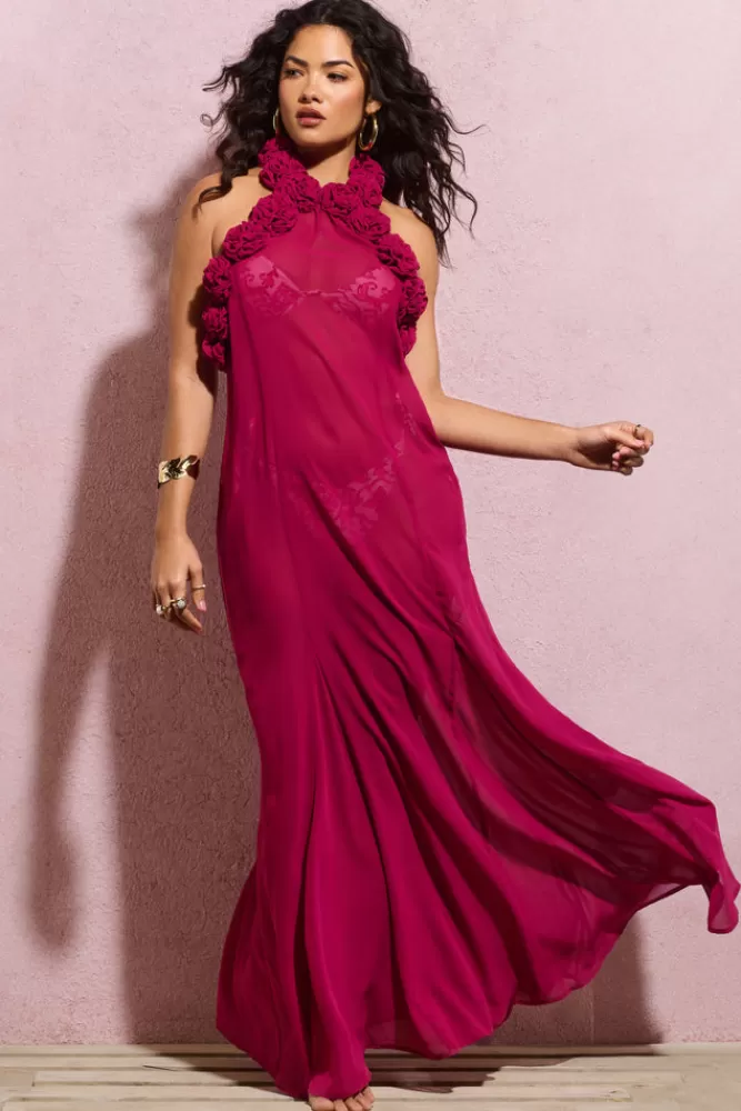 Club L London - Abito Longuette Naelya in Chiffon con Spalline a Triangolo e Decorazioni Floreali Rosa Magenta - Confezione Elegante