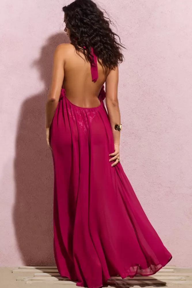 Club L London - Abito Longuette Naelya in Chiffon con Spalline a Triangolo e Decorazioni Floreali Rosa Magenta - Confezione Elegante