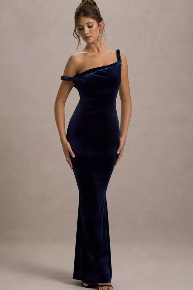 Neeka di Club L London - Abito Lungo in Velluto Asimmetrico con Drappeggio Avvolgente, Blu Marino Elegante per Autunno/Inverno 2023 - Prezzo Speciale Online