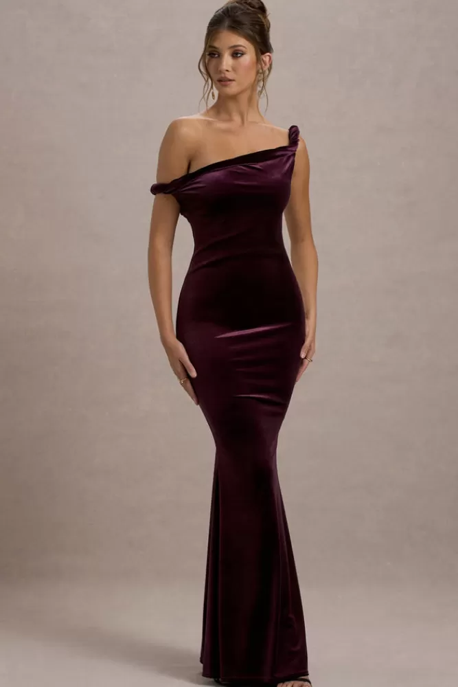 Club L London Neeka - Elegante Vestito Lungo in Velluto con Drappeggio Asimmetrico, Tonalità Porto. Nuova Collezione Autunno.
