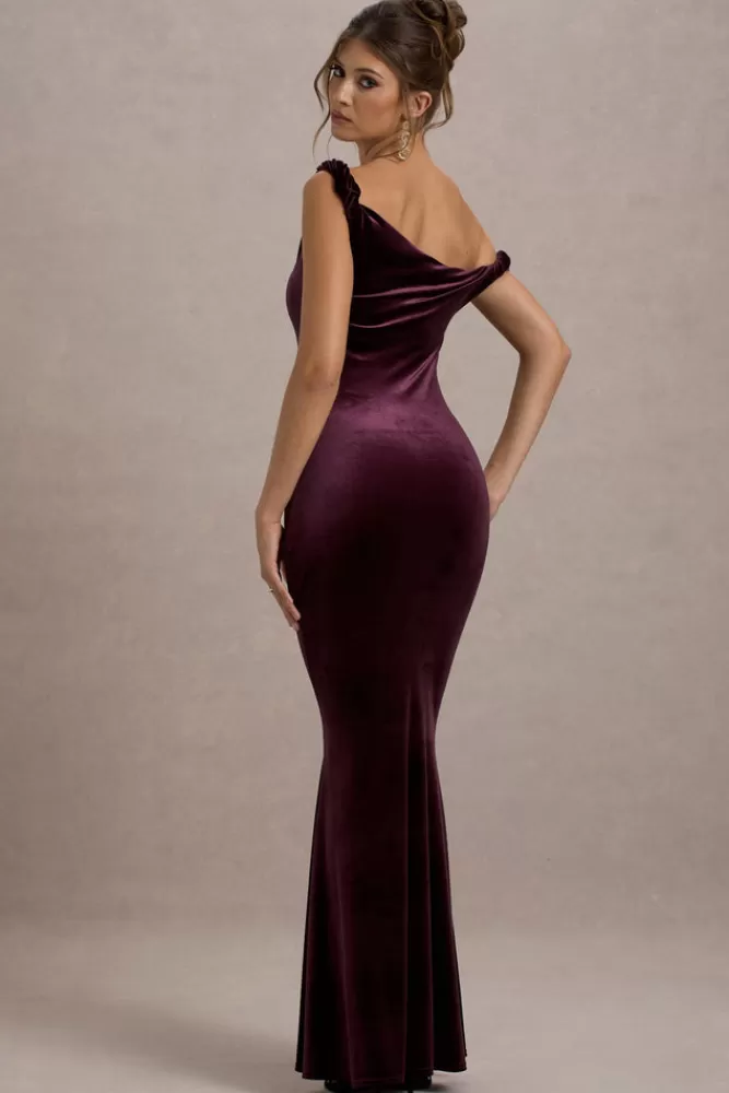 Club L London Neeka - Elegante Vestito Lungo in Velluto con Drappeggio Asimmetrico, Tonalità Porto. Nuova Collezione Autunno.