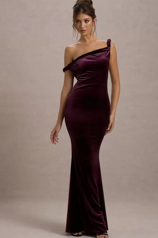Club L London Neeka - Elegante Vestito Lungo in Velluto con Drappeggio Asimmetrico, Tonalità Porto. Nuova Collezione Autunno.
