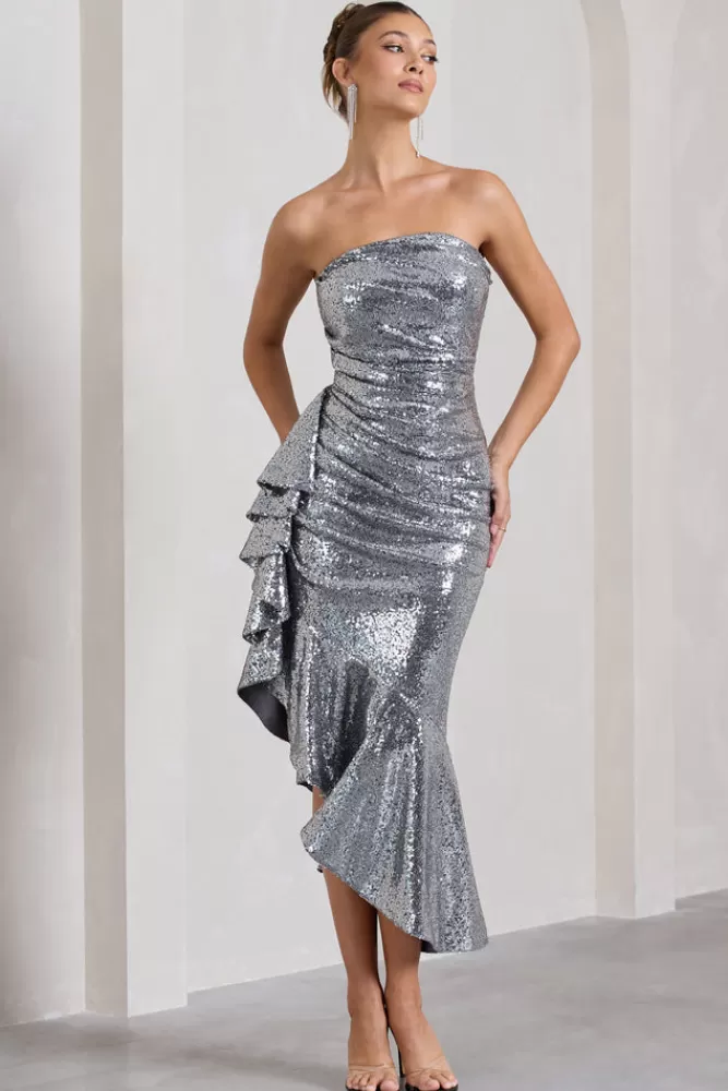 Abito Elegante Da Sera in Paillettes Argento - Modello Senza Spalline con Balze Romantiche, Club L London New World | Promozione Saldi Imperdibili