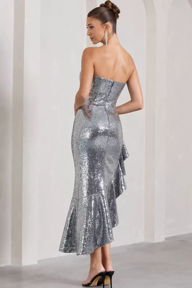 Abito Elegante Da Sera in Paillettes Argento - Modello Senza Spalline con Balze Romantiche, Club L London New World | Promozione Saldi Imperdibili