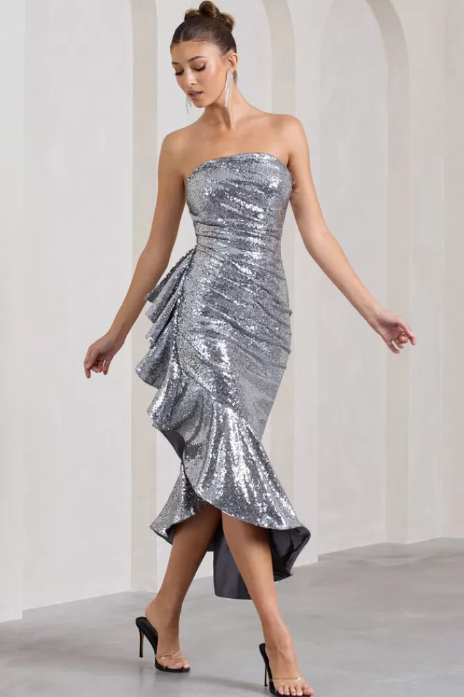 Abito Elegante Da Sera in Paillettes Argento - Modello Senza Spalline con Balze Romantiche, Club L London New World | Promozione Saldi Imperdibili