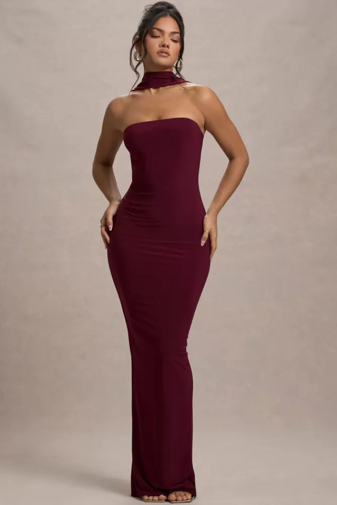 Abito Midi Tubino Con Collo Allacciato Elegante - Borgogna Intenso | Vestito Estate 2024 by Club L London | Promozione Imperdibile