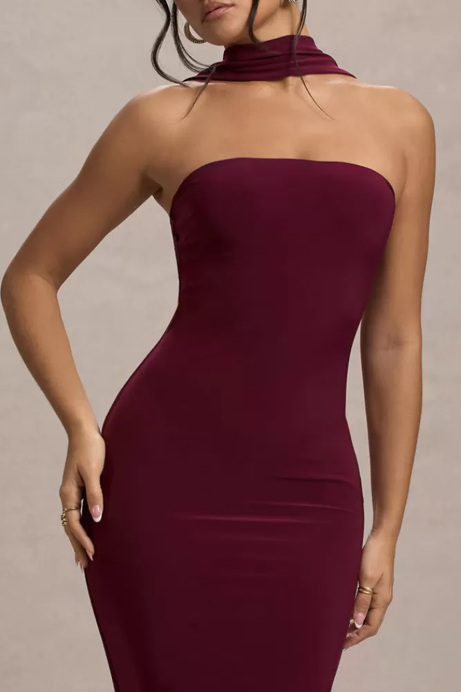 Abito Midi Tubino Con Collo Allacciato Elegante - Borgogna Intenso | Vestito Estate 2024 by Club L London | Promozione Imperdibile