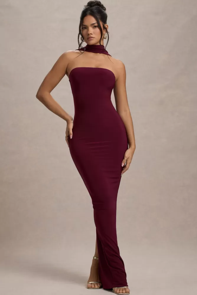 Abito Midi Tubino Con Collo Allacciato Elegante - Borgogna Intenso | Vestito Estate 2024 by Club L London | Promozione Imperdibile