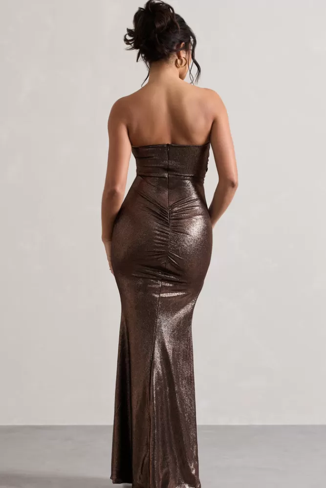 Club L London: Abito Lungo Metallizzato Bronzo con Spacco e Tagli Avant-garde - Offerta Flashata per Look Sensuali!