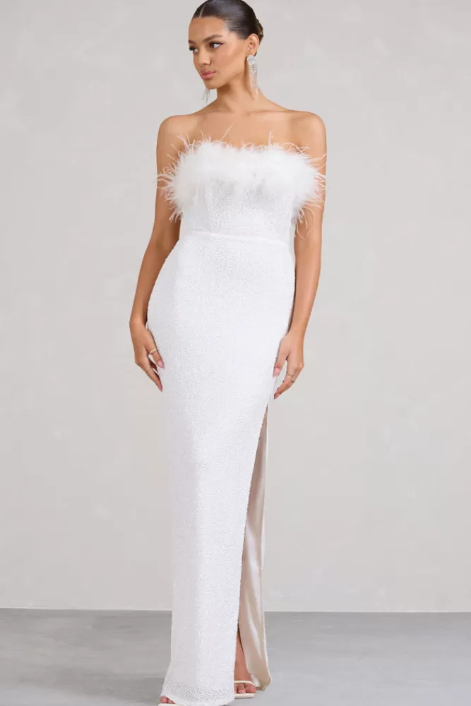Elegante Abito Lungo Club L London - Paillette Sfarzose e Bordi in Piume Bianche per Serate Glamour