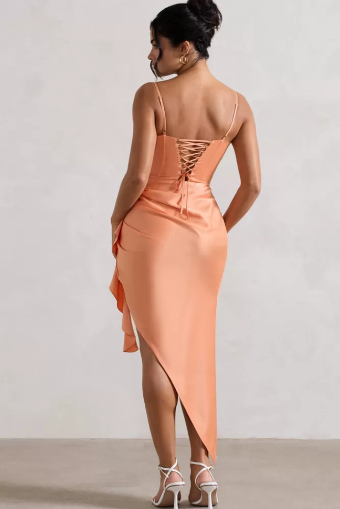 Club L London | Longuette Asimmetrico con Drappeggio Floreale in Tinta Pesca - Bustier Elegante da Collezione 

（：，，，，）