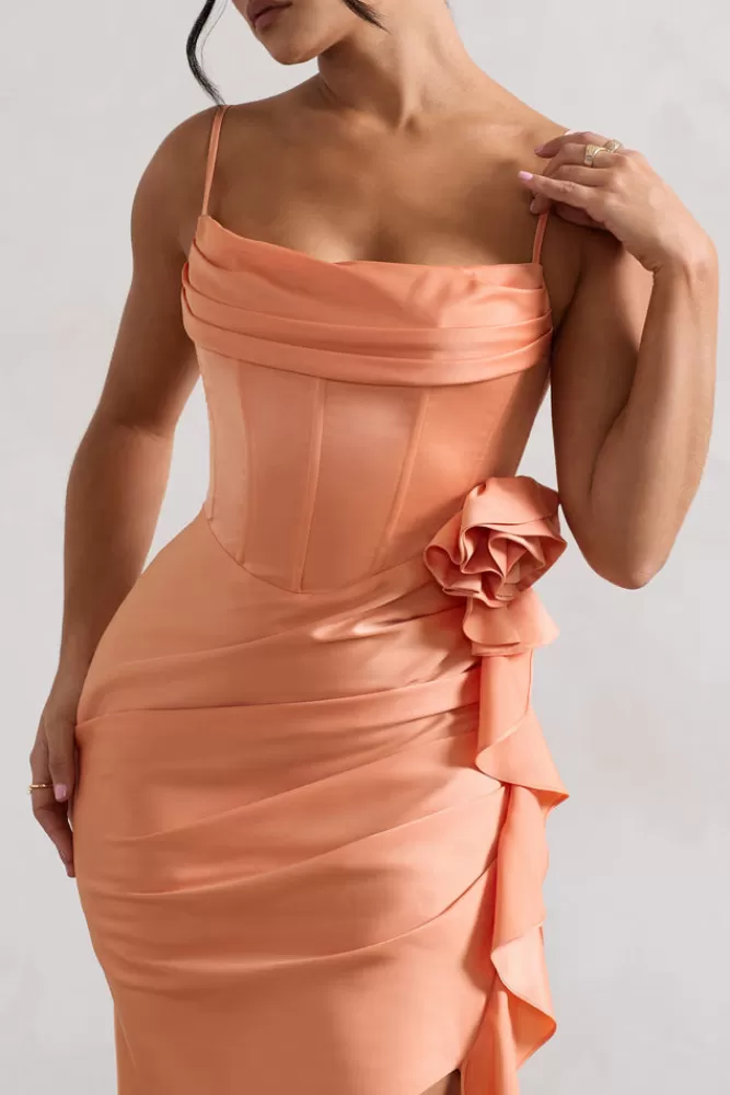 Club L London | Longuette Asimmetrico con Drappeggio Floreale in Tinta Pesca - Bustier Elegante da Collezione 

（：，，，，）